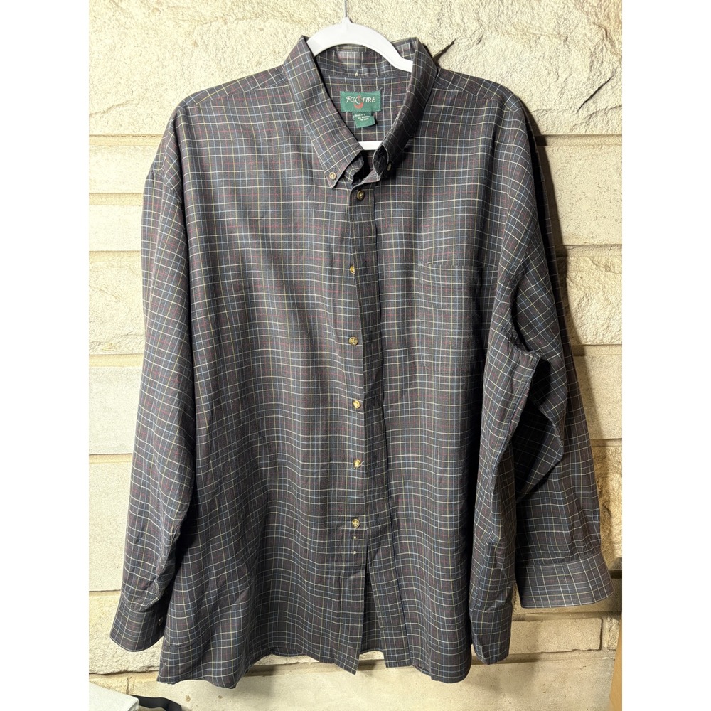 Fox Fire Mens XXL Plaid Button Down Shirt Charcoal Grey Long Sleeve Cotton Blend